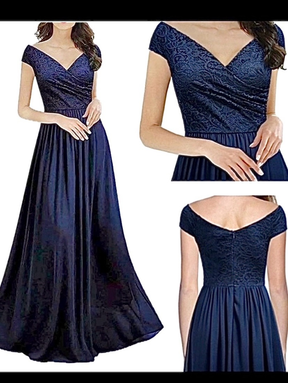Miusol Navy Blue Off Shoulder Maxi Dress Evening Gown Lace and Chiffon